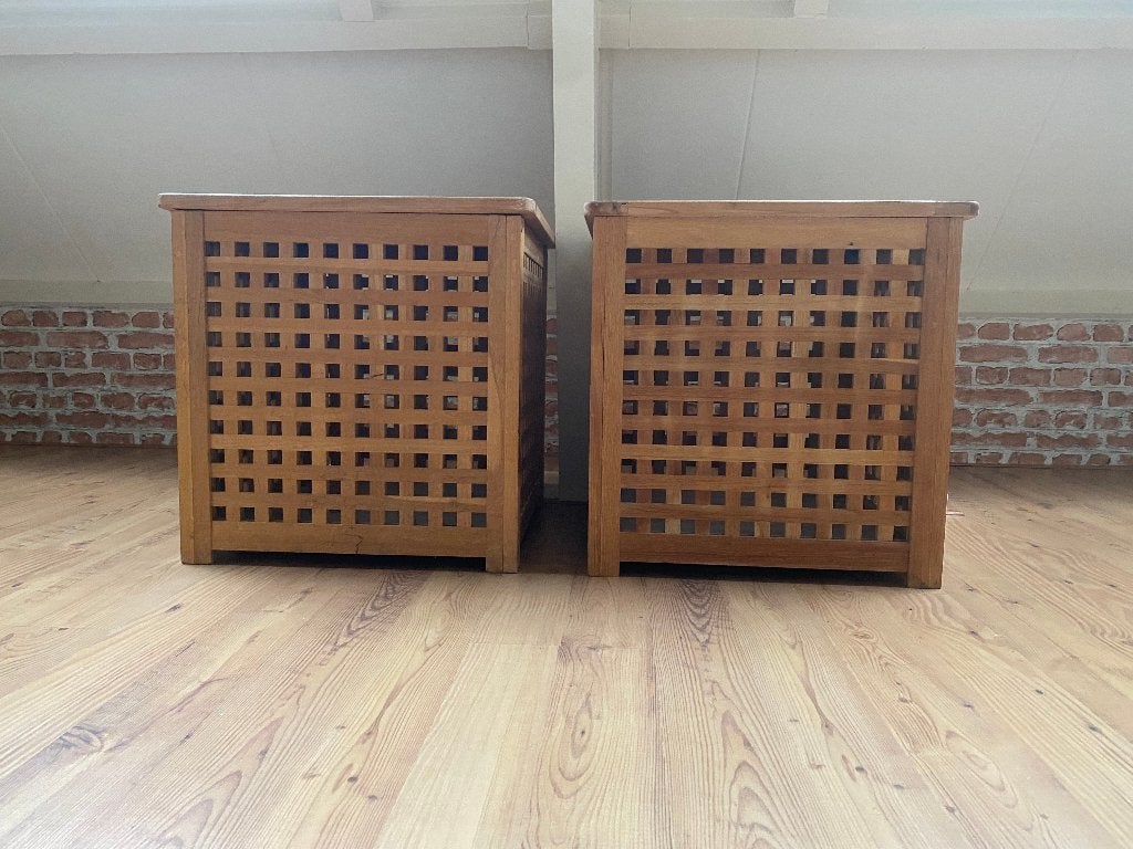 2 houten nachtkastjes/bijzettafeltjes, Ophalen, Gebruikt, Minder dan 45 cm, 55 tot 70 cm