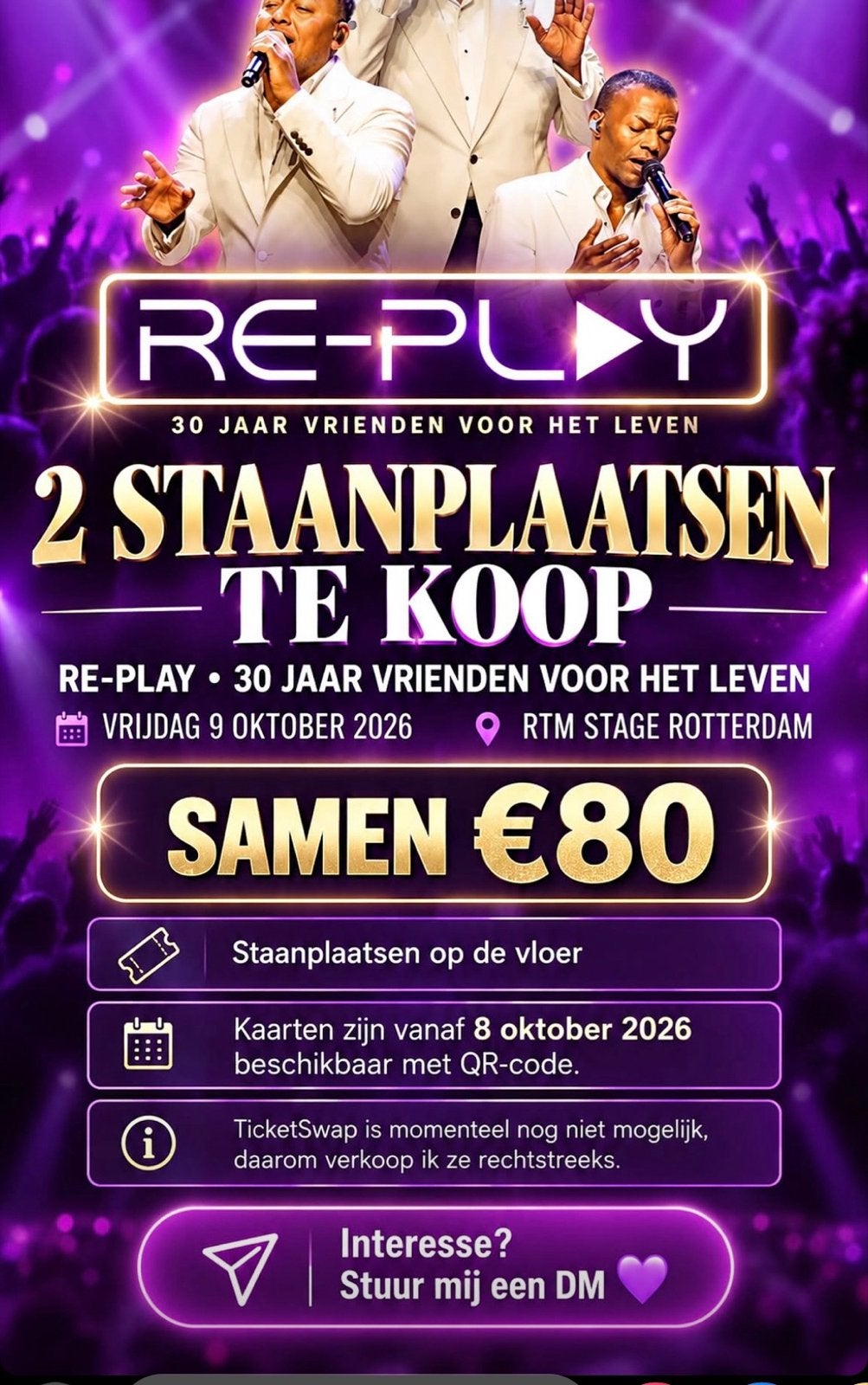 2 staanplaatsen te koop re play, Tickets en Kaartjes, Twee personen, Oktober