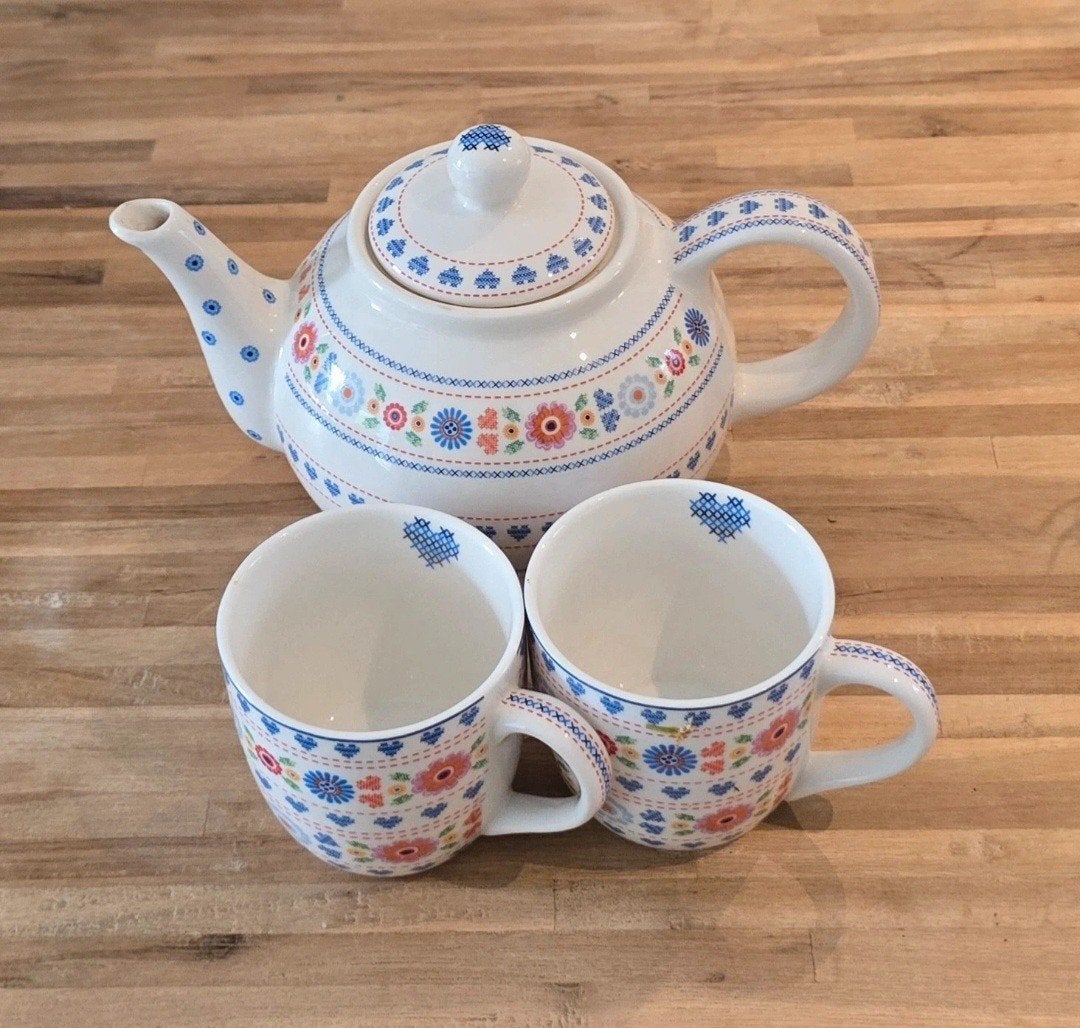 Kakelbont theeset met theepot en 2 mokken, Ophalen, Gebruikt, Keramiek, Overige stijlen