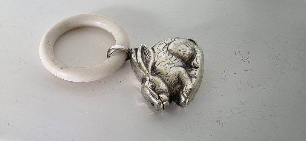 Vintage Zilveren Rammelaar met Haas of Konijn, Antiek en Kunst, Ophalen of Verzenden, Zilver