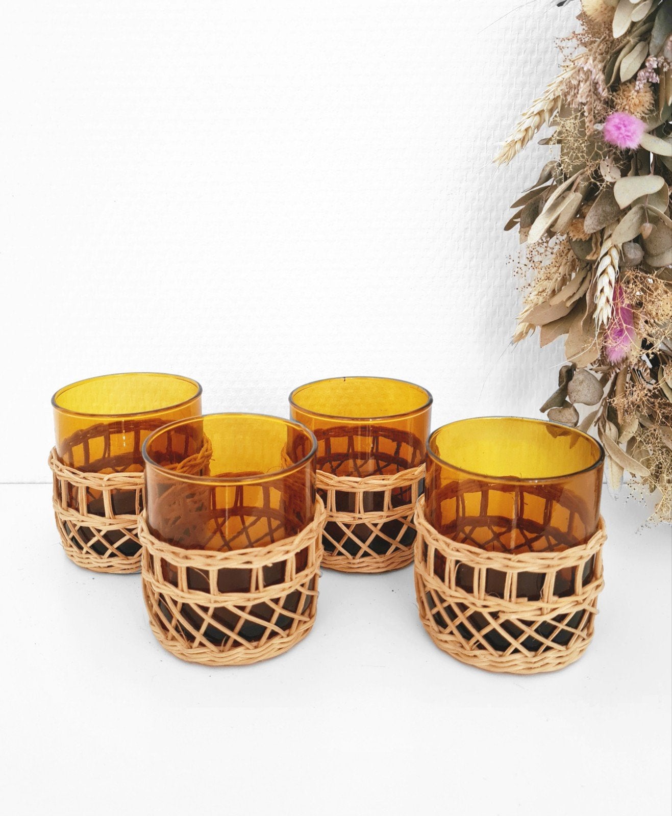 Vintage retro oranje glazen set riet omhulsel, Ophalen of Verzenden