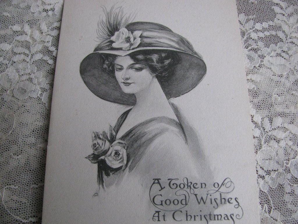 Antieke Kaart - Dame met Hoed / Rozen, Verzenden, Voor 1920, Ongelopen, Feest(dag)