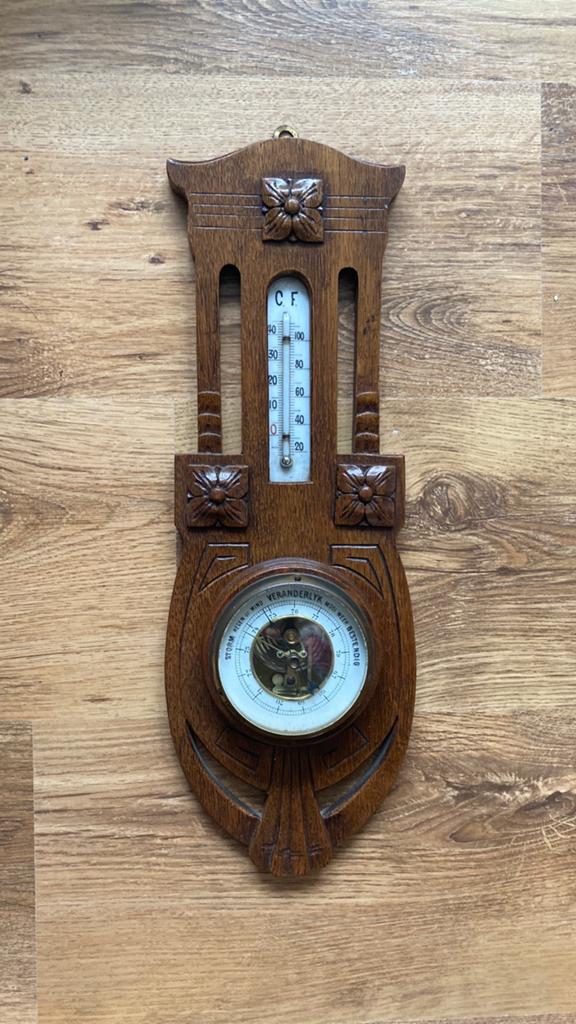 Antieke werkende barometer met thermometer - 45 cm, Ophalen of Verzenden, Gebruikt, Barometer
