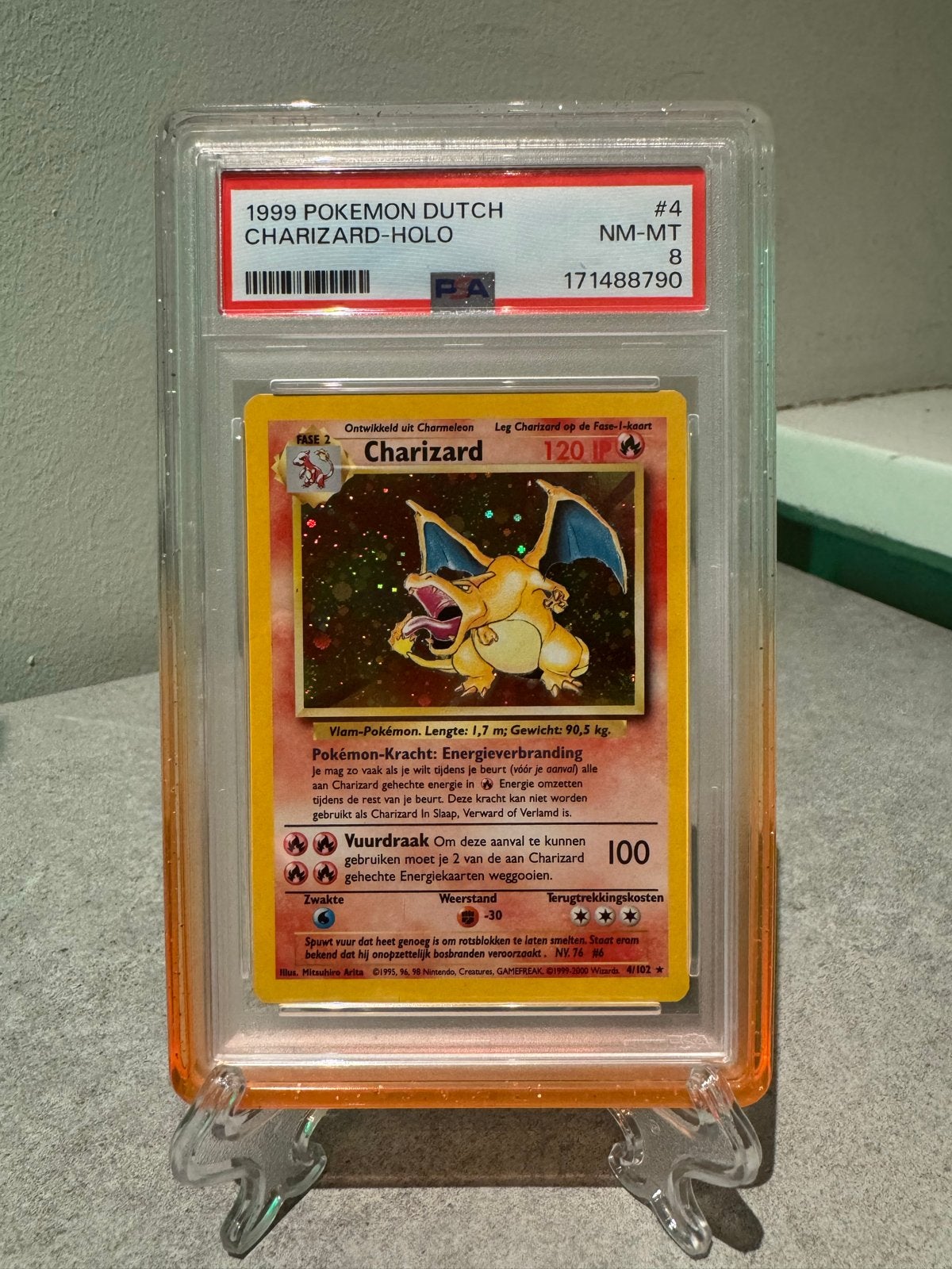 1999 Pokémon Dutch Charizard Holo PSA 8, Ophalen of Verzenden, Zo goed als nieuw, Losse kaart, Foil