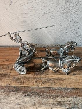 Decoratieve Romeinse Strijdwagen met Krijger en Paarden, Ophalen of Verzenden, Brons