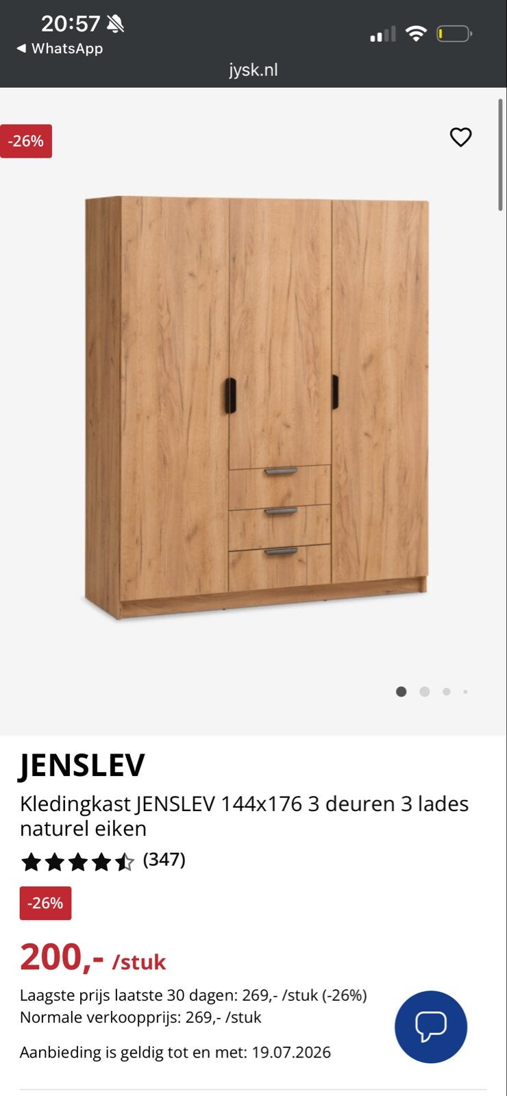 JYSK Kledingkast Jenslev 144x176 naturel eiken (nieuw), Huis en Inrichting, Kasten | Kledingkasten, 100 tot 150 cm, Eikenhout