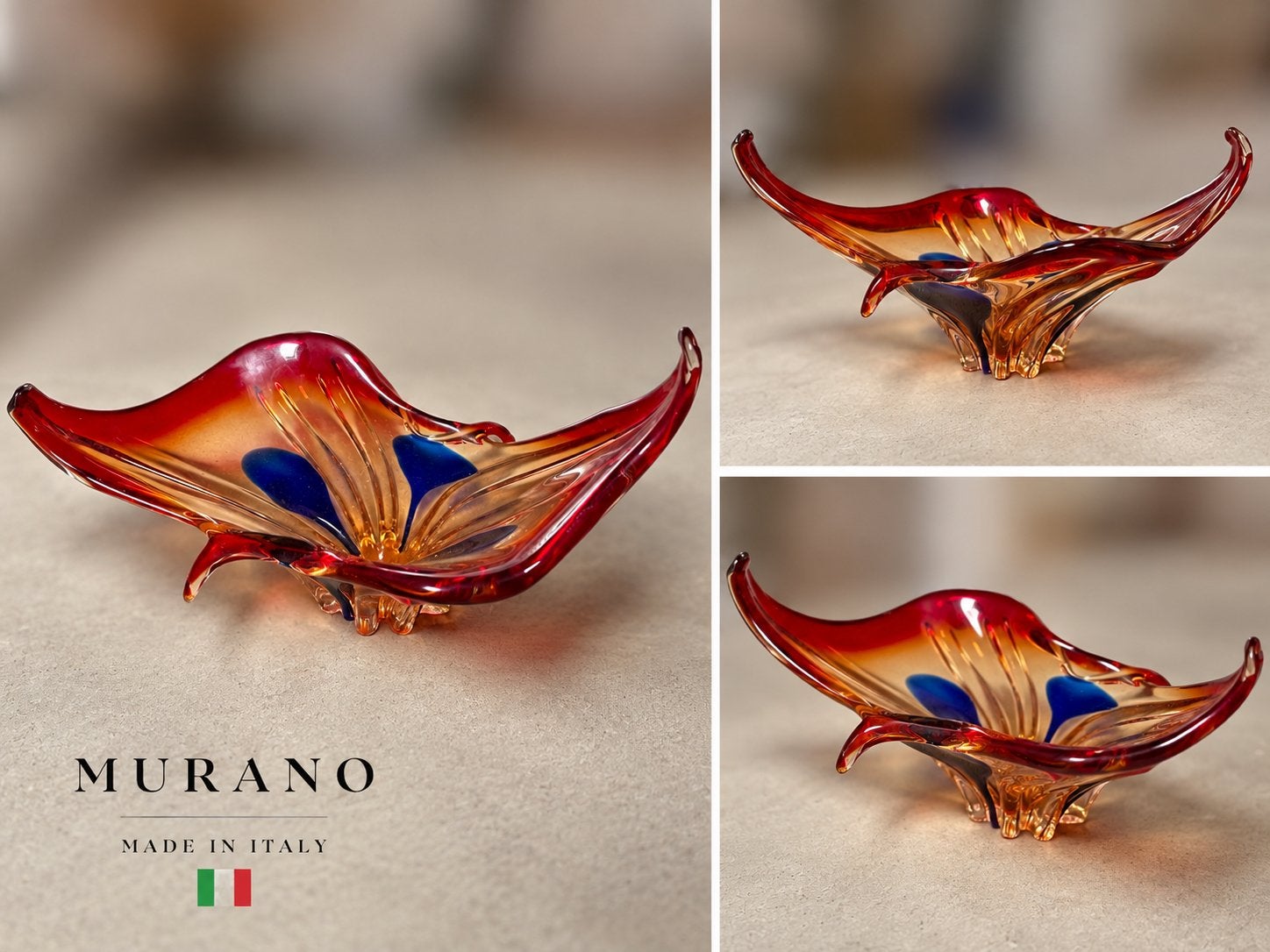 Grote Vintage Murano Schaal - Rood, Amber, Blauw - Puntgaaf, Ophalen