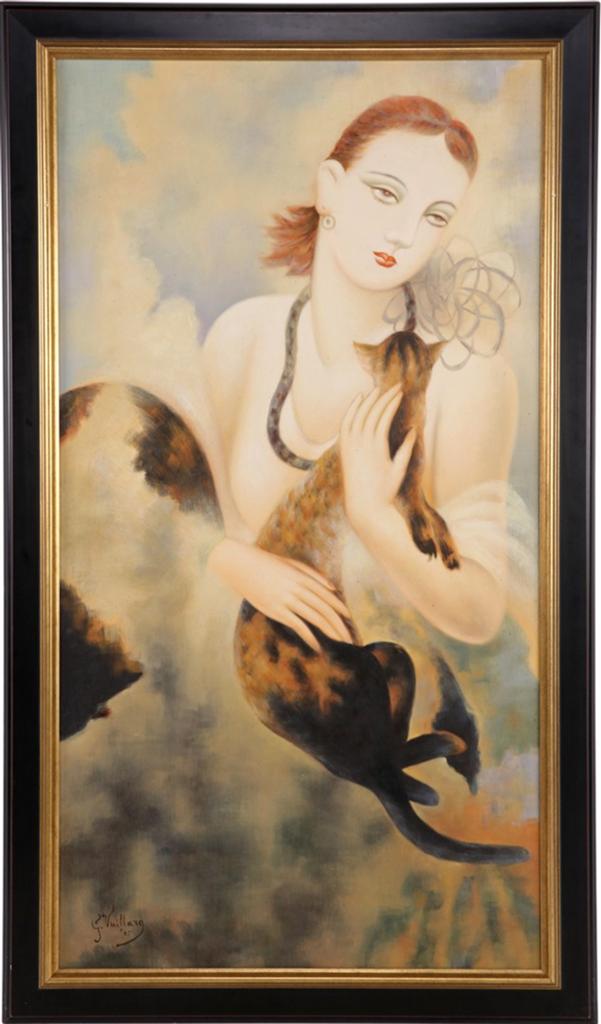 Mega groot oud Frans schilderij Cat Woman 90/156 cm, Antiek en Kunst, Ophalen