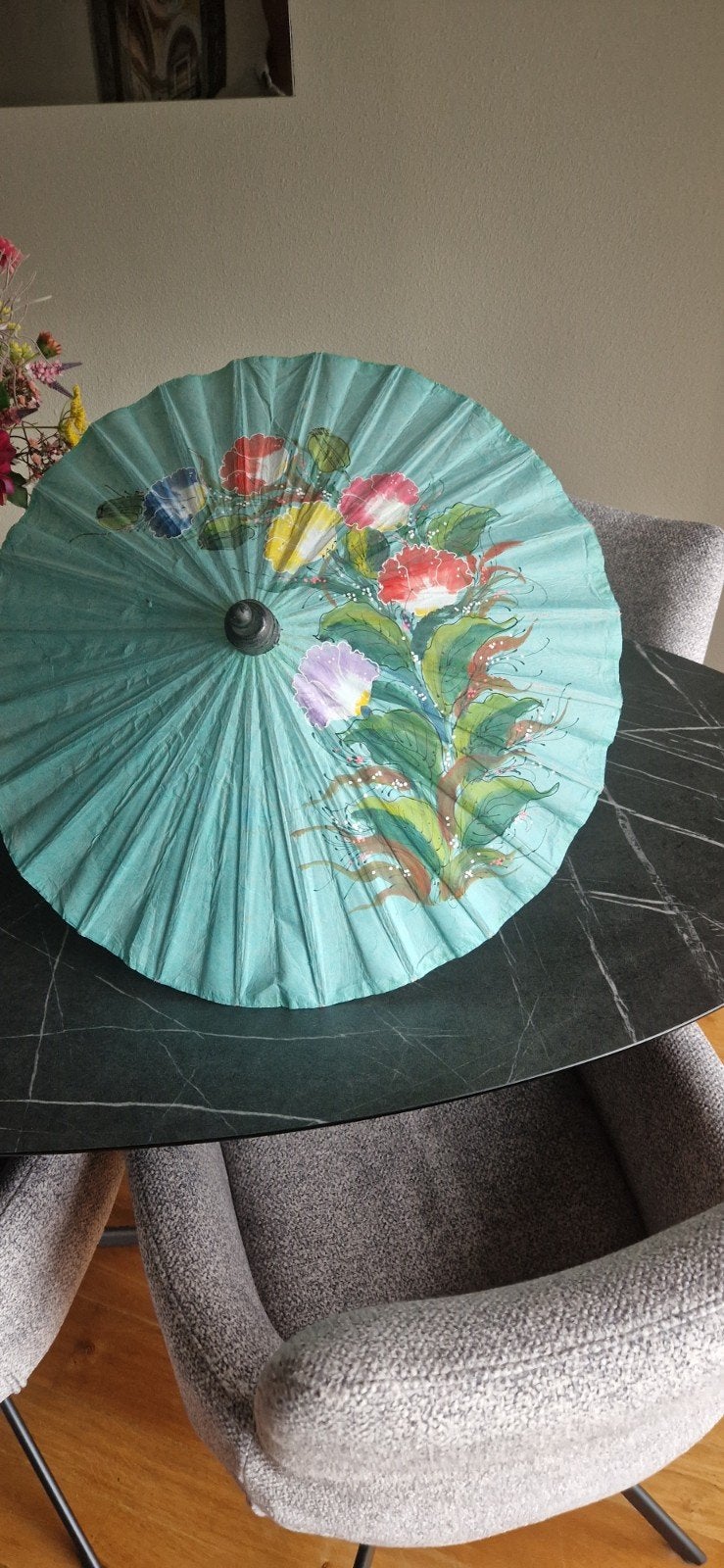 Decoratieve Oosterse parasol met bloemenprint, Ophalen of Verzenden, Gebruikt, Groen