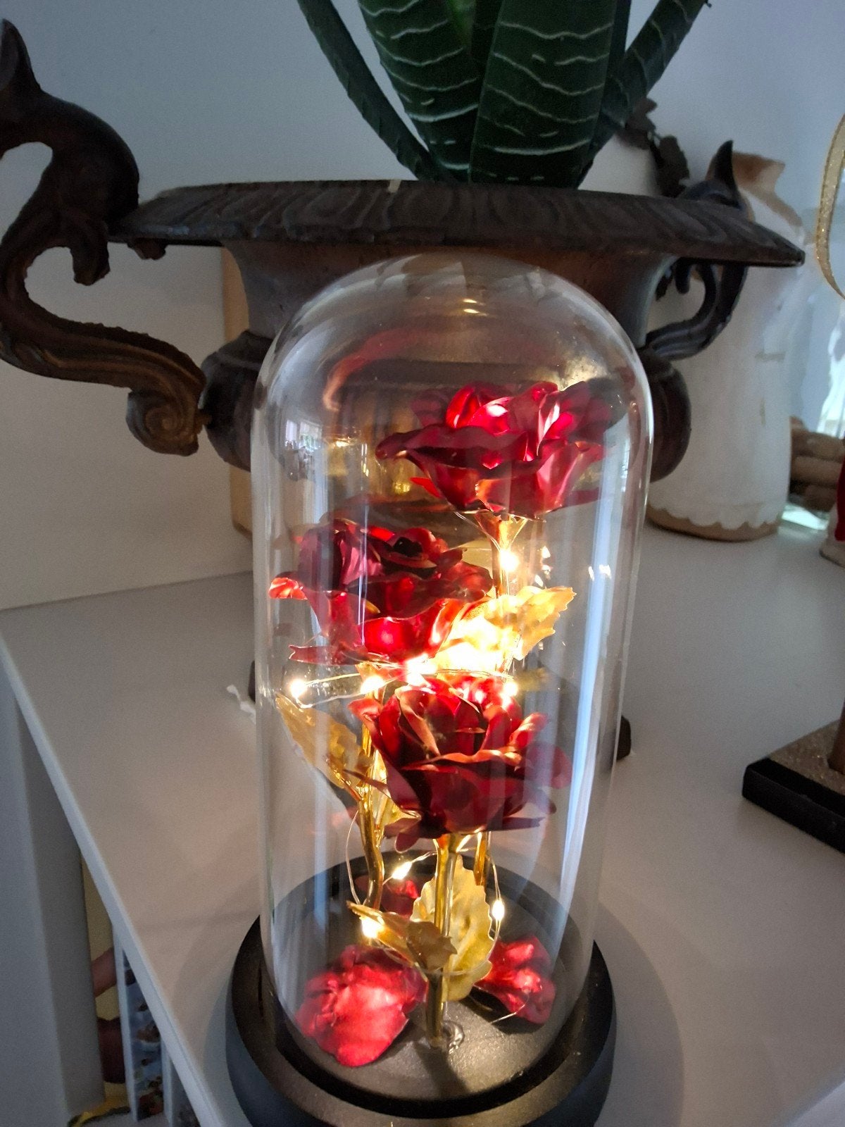 Betoverende Roos in Glazen Stolp met LED-verlichting, Ophalen of Verzenden, Zo goed als nieuw, Rood, Glas