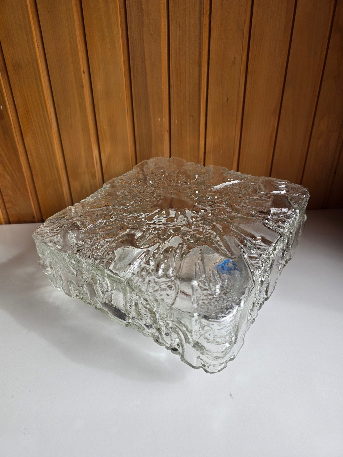Vintage Honsel 'Ice Glass' Plafondlamp – Jaren '70, Ophalen of Verzenden, Zo goed als nieuw