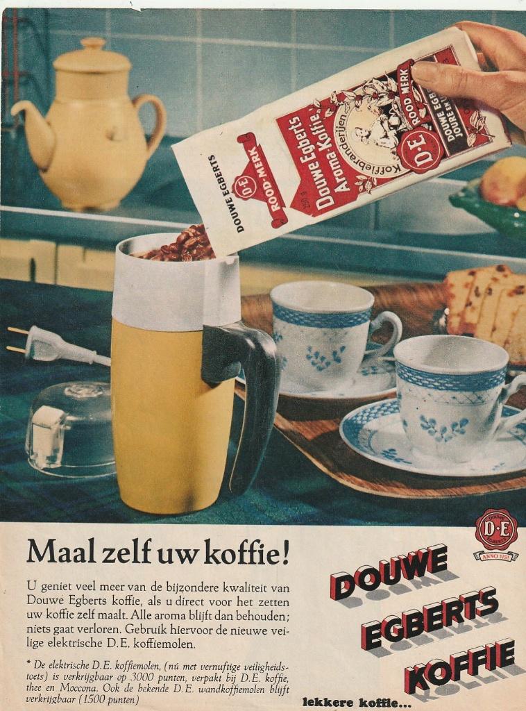 Retro reclame 1965 Douwe Egberts koffie gele koffiemolen, Verzamelen, Retro, Verzenden, Overige typen
