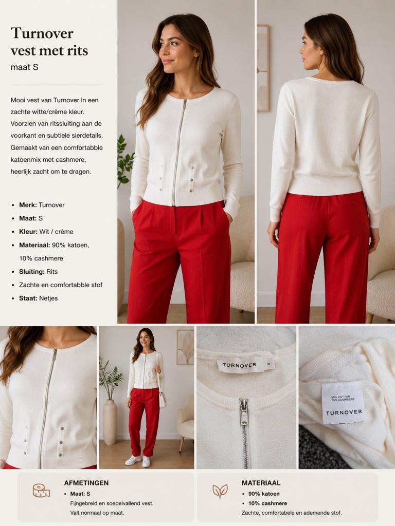 Turnover vest wit met rits – katoen/cashmere – maat S, Maat 38/40 (M), Wit, Ophalen of Verzenden, Zo goed als nieuw