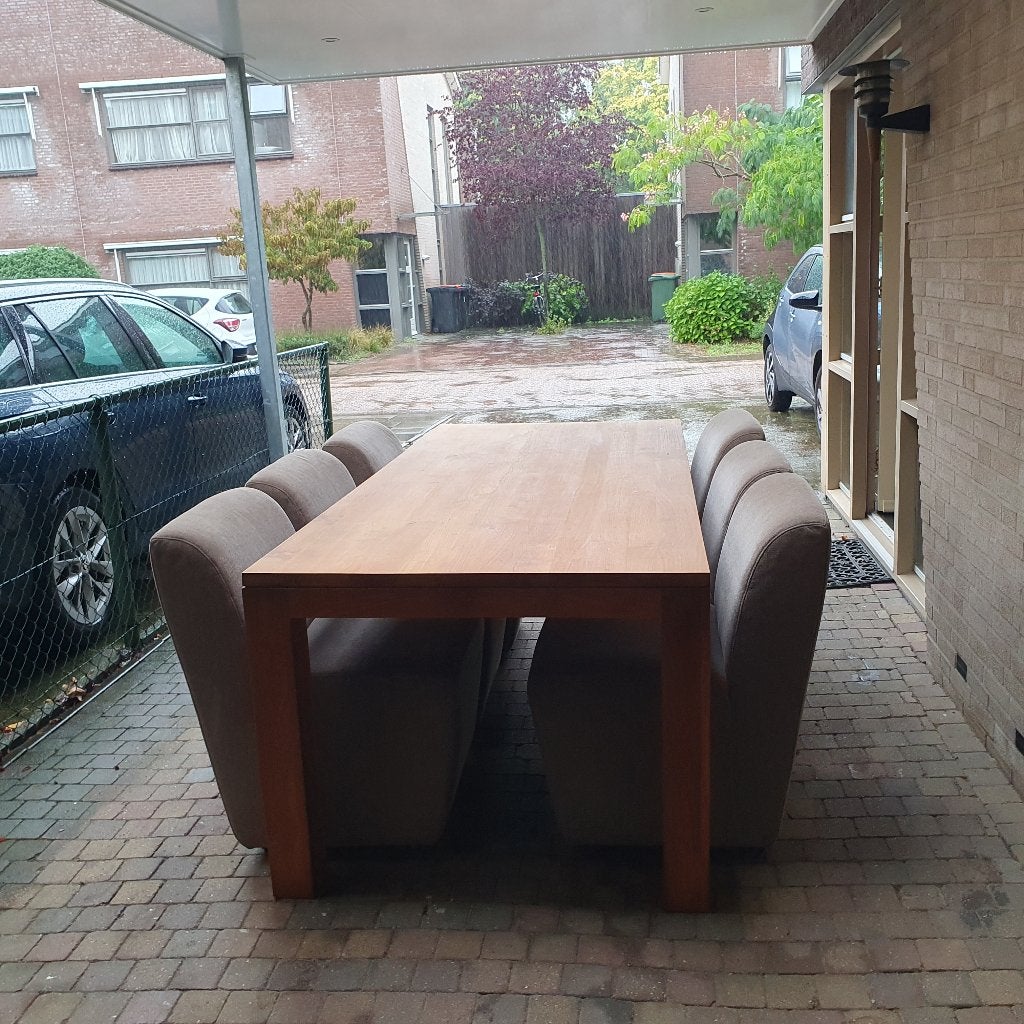 Teaktafel 220x100 met 6 stoelen, Huis en Inrichting, Ophalen, Hout, Gebruikt, Bruin