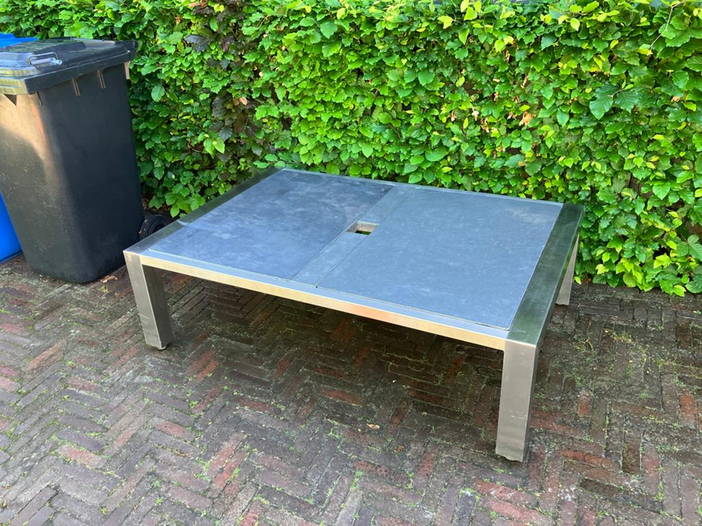 Exclusieve RVS terrastafel met natuurstenen blad, Ophalen, Zo goed als nieuw, Rechthoekig, Rvs