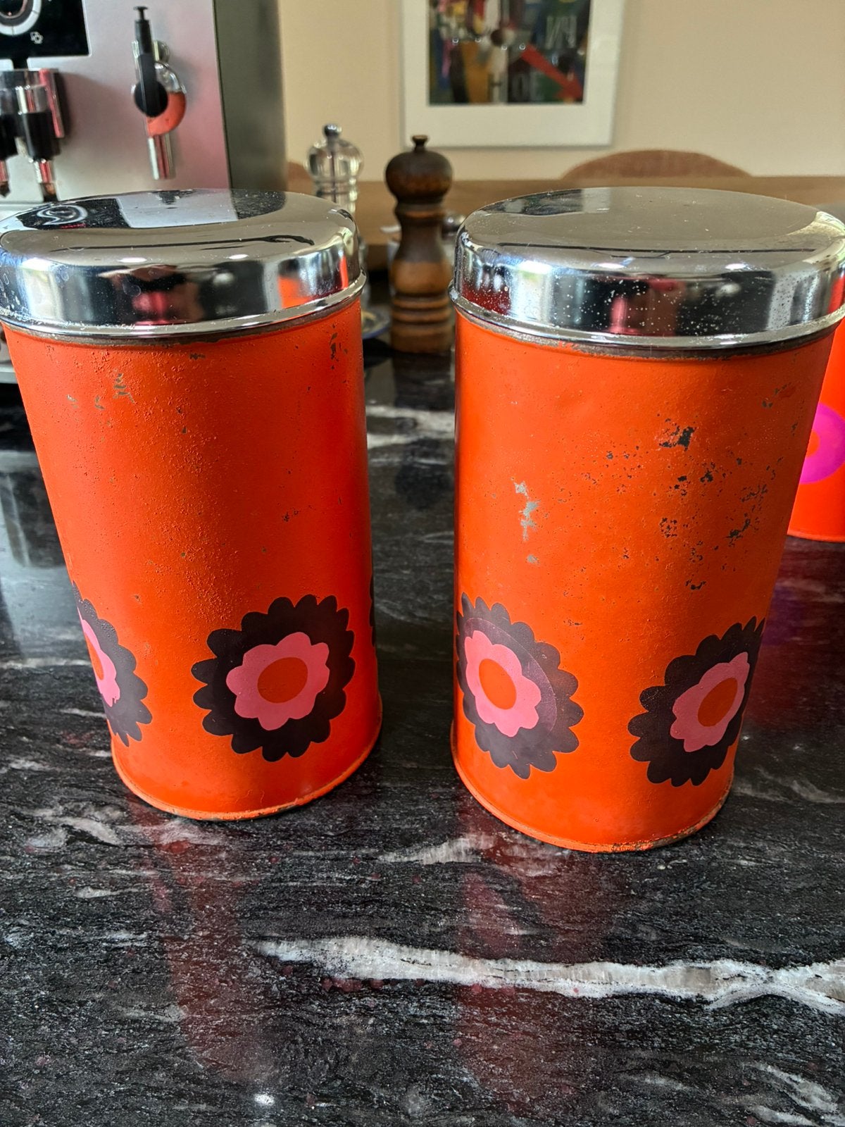 Vintage Oranje Voorraadpotten met Bloemen (Set van 2), Antiek en Kunst, Ophalen