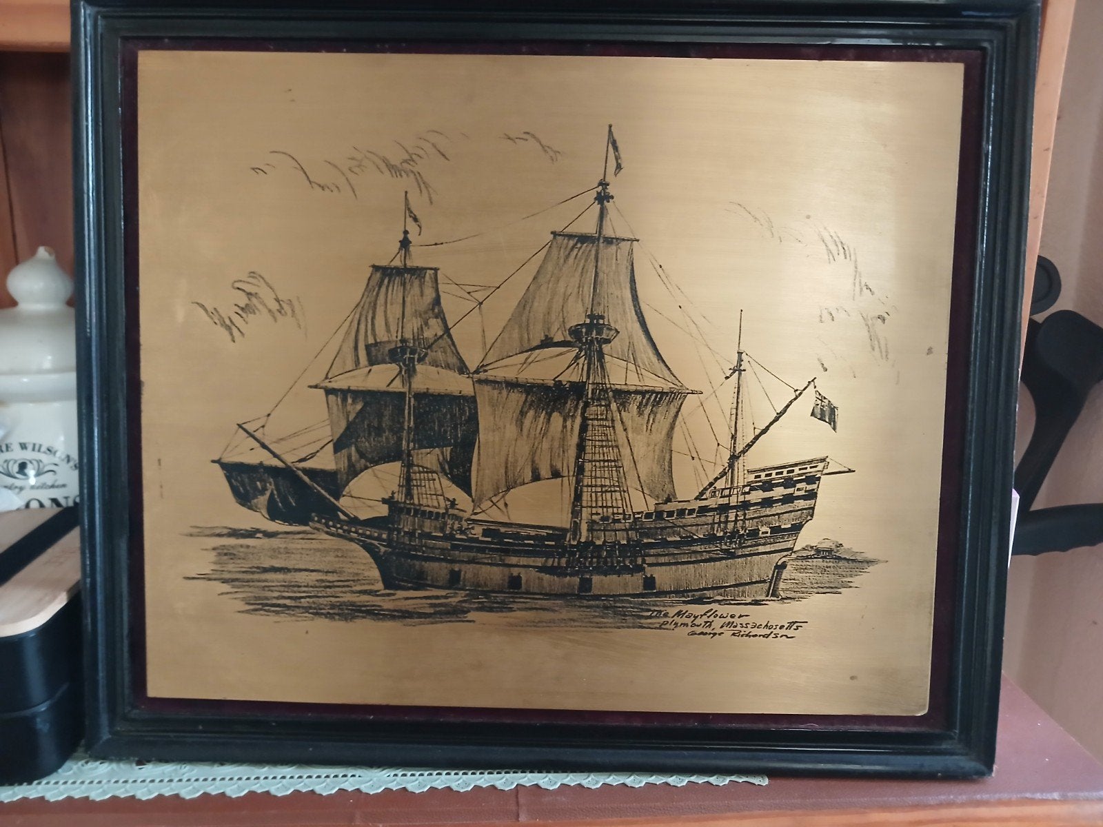 koperen schilderij The Mayflower schip, Ophalen of Verzenden, Overige stijlen, Maritiem / water, Overige ondergronden