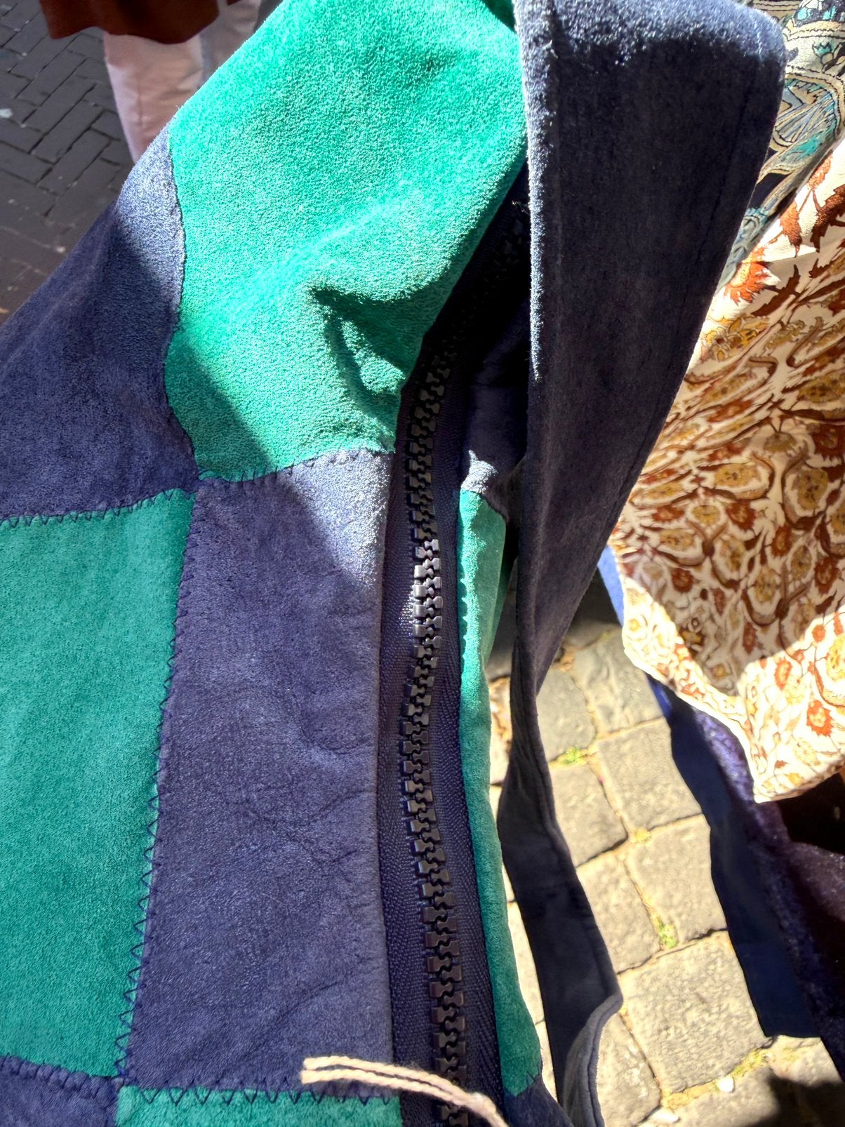 Vintage Suède Patchwork Schoudertas Groen / Blauw, Overige merken, Blauw, Ophalen of Verzenden, Zo goed als nieuw