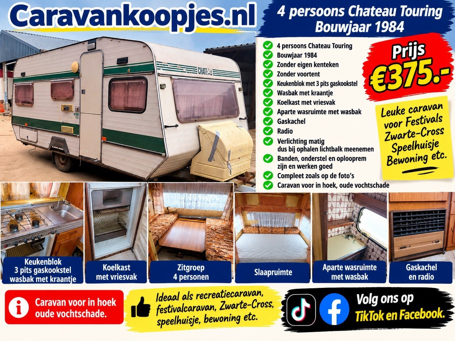 4 persoons Chateau Touring 1984 zonder kenteken/papieren, Rondzit, Bedrijf, 4 tot 5 meter, 500 - 750 kg