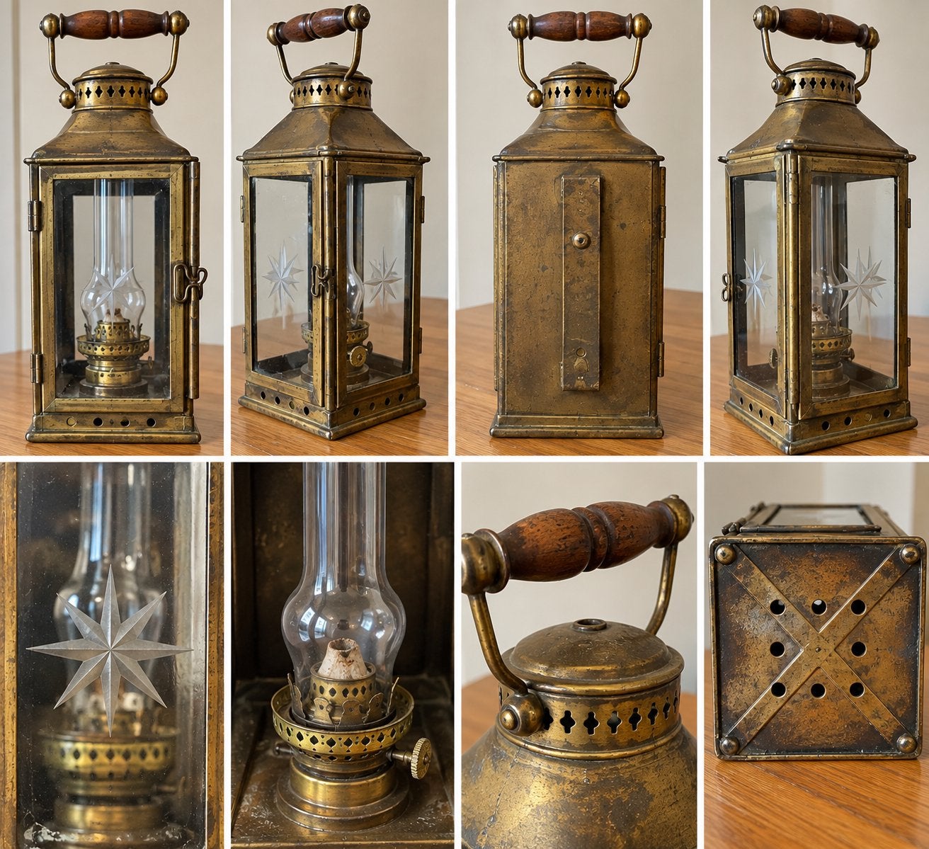 Antieke messing petroleum lantaarn – stergeslepen glas –, Ophalen