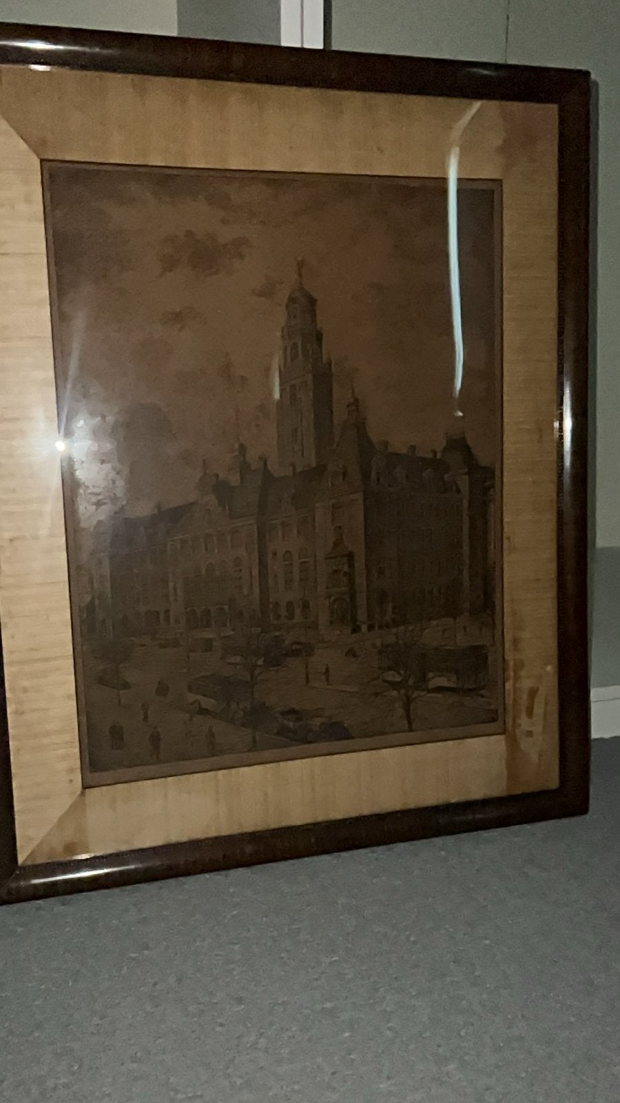 Oude prent van stadsgezicht in lijst stadhuis Rotterdam, Ophalen, Ingelijst, 1800 - 1899, Stadsgezicht