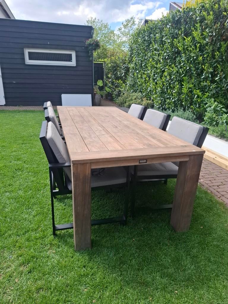Complete tuinset: Rough eiken tafel met Bellagio stoelen, Ophalen of Verzenden, Gebruikt