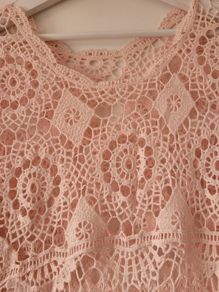 Gehaakt ibiza boho roze lang vest strand jurk mt M 40 Nieuw, Maat 38/40 (M), Nieuw, Ophalen of Verzenden, Roze