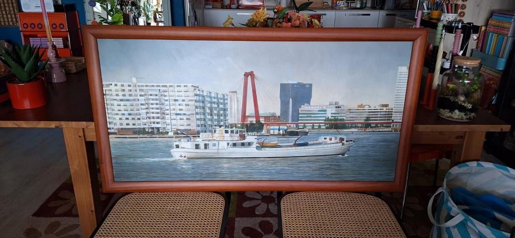 Schilderij F. v.d. Burg - Willemsbrug Rotterdam (129x69 cm), Antiek en Kunst, Kunst | Schilderijen | Klassiek, Ophalen of Verzenden