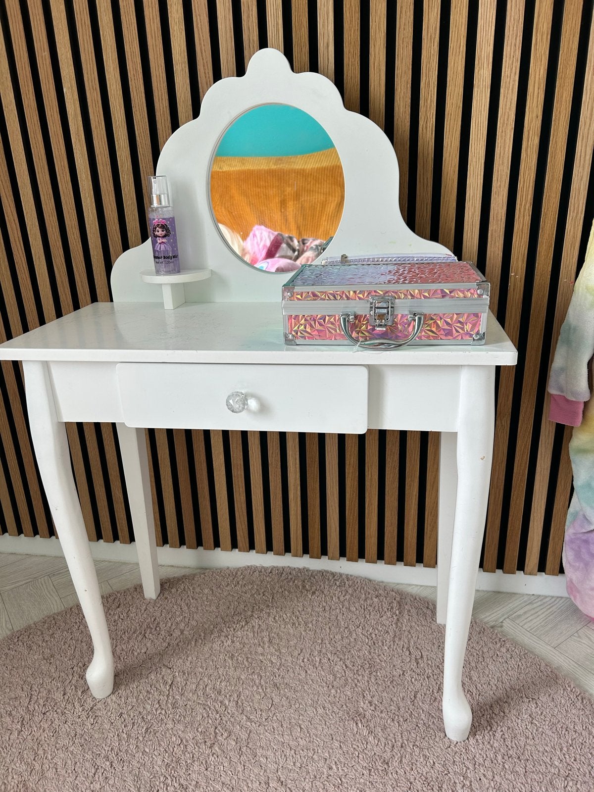 Houten witte make-up tafel met spiegel en lade, Ophalen, Gebruikt, 50 tot 100 cm, Minder dan 100 cm