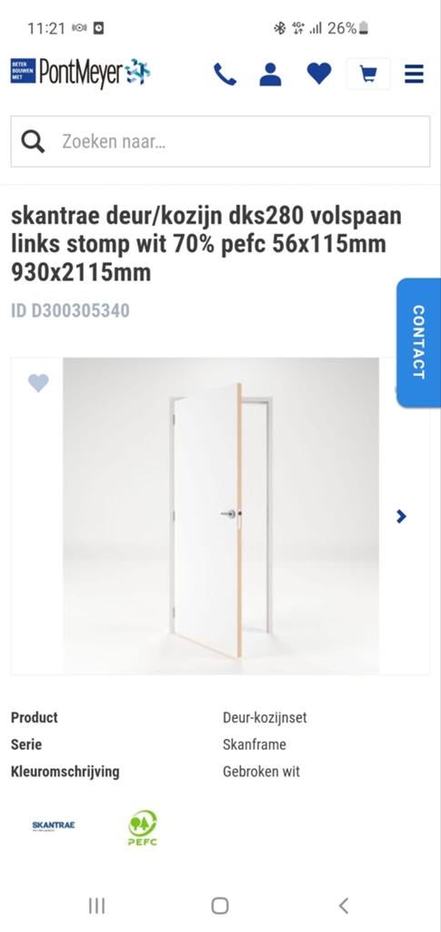 Skantrae Deur/Kozijn DKS280 Volspaan Links Stomp Wit, Ophalen, 80 tot 100 cm, 215 cm of meer, Binnendeur