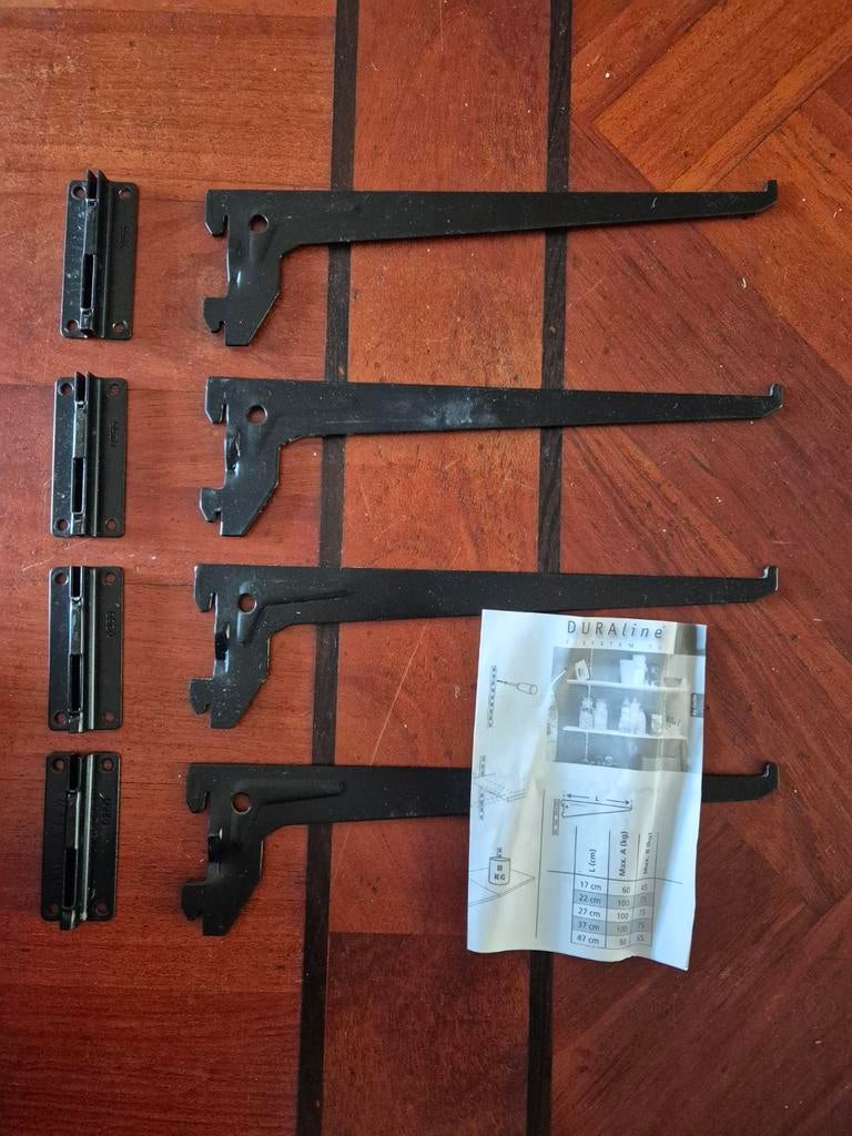 4x Duraline F-systeem plankdragers 25 cm zwart, Ophalen of Verzenden, Gebruikt