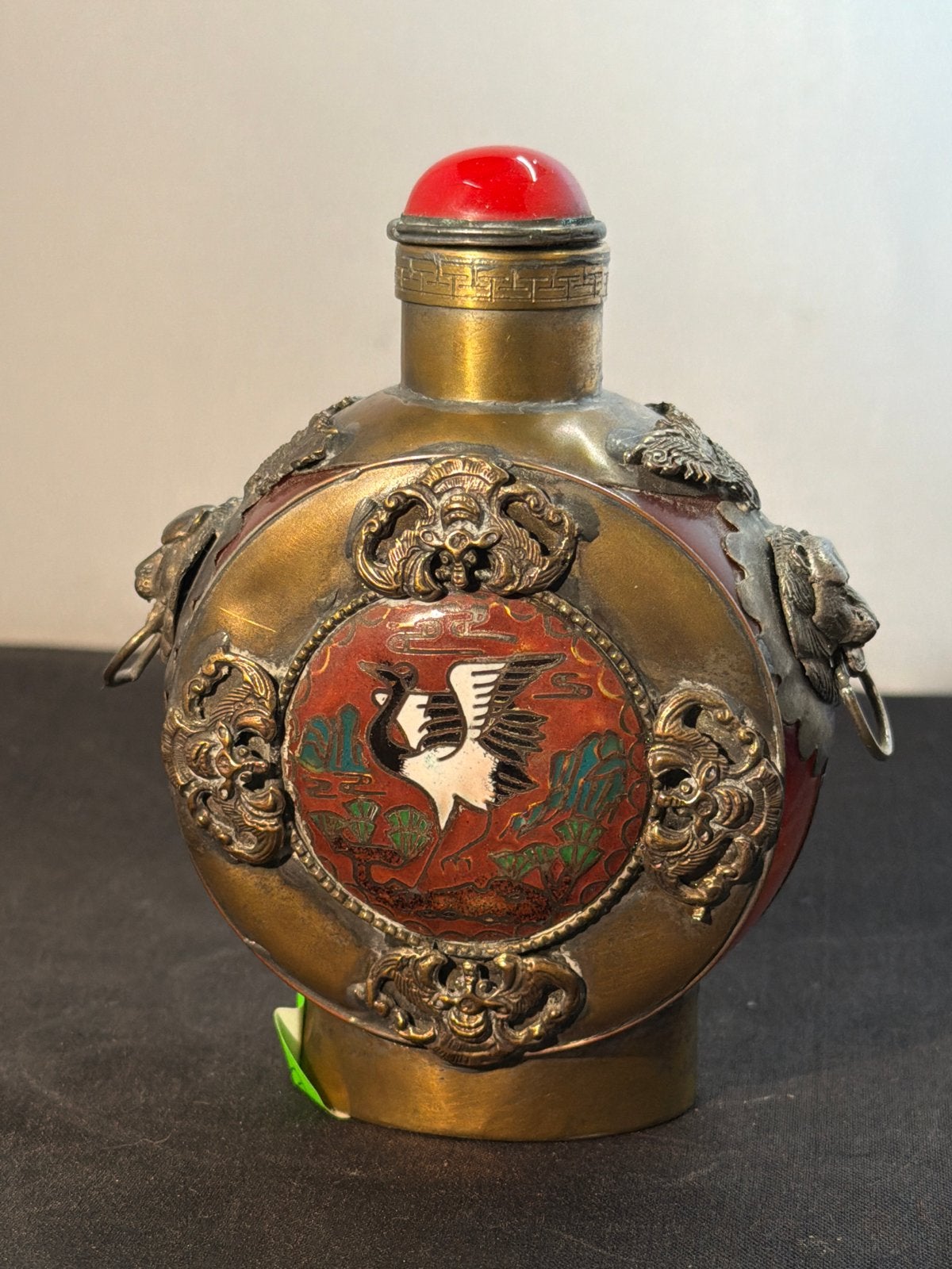 Antieke Chinese Snuff Bottle met Kraanvogel en Leeuwenkoppen, Ophalen of Verzenden