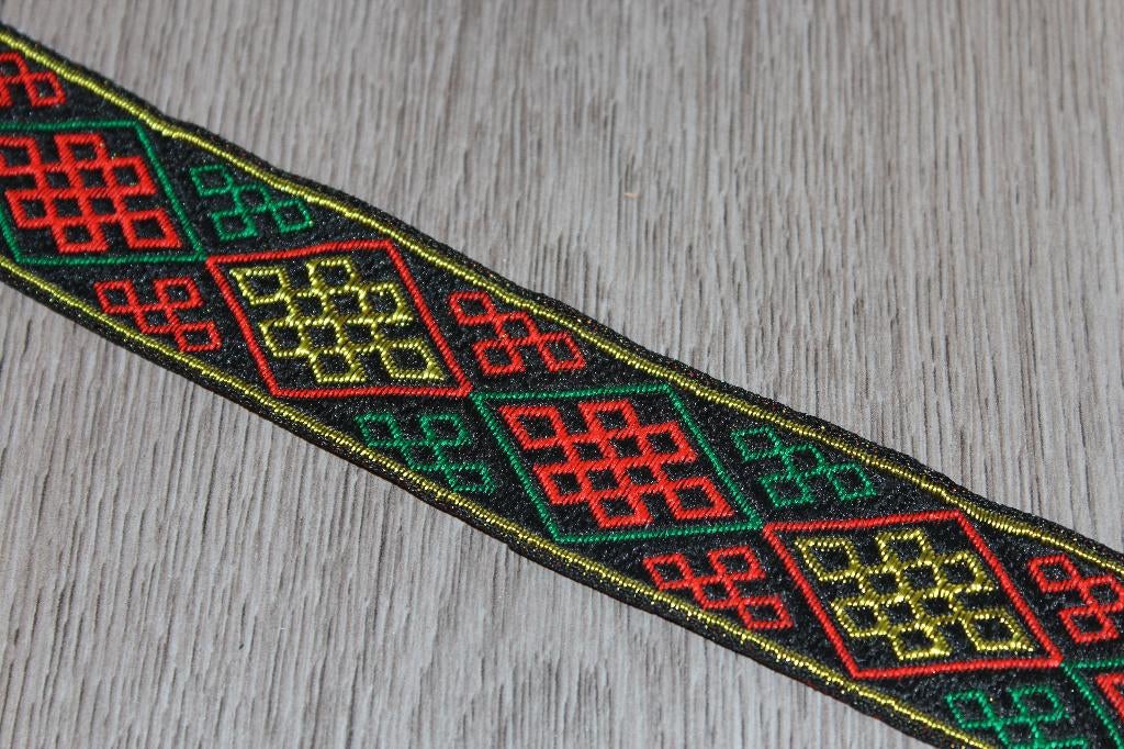Haspel geweven sierband - zwart rood groen goud 3,3cm #1736, Ophalen of Verzenden, Nieuw, Lint, Band of Elastiek