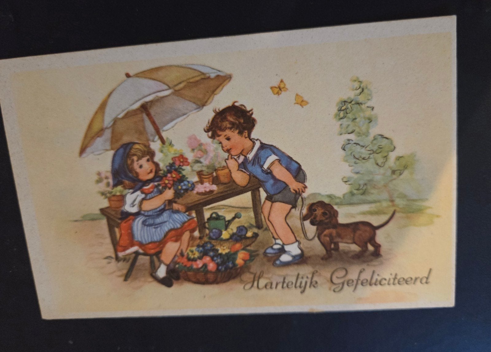 Hartelijk Gefeliciteerd - Kinderen onder parasol, Verzenden, 1940 tot 1960, Ongelopen, Kinderen