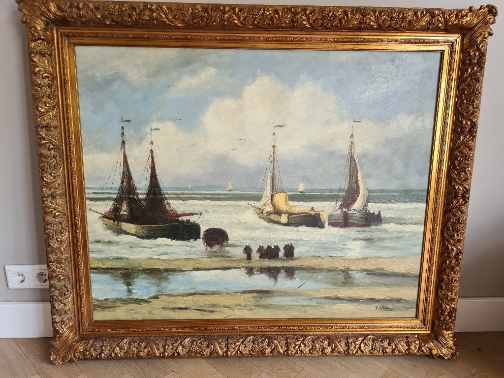 Groot Olieverfschilderij Bomschuiten | Stijl H.W. Mesdag, Ophalen of Verzenden