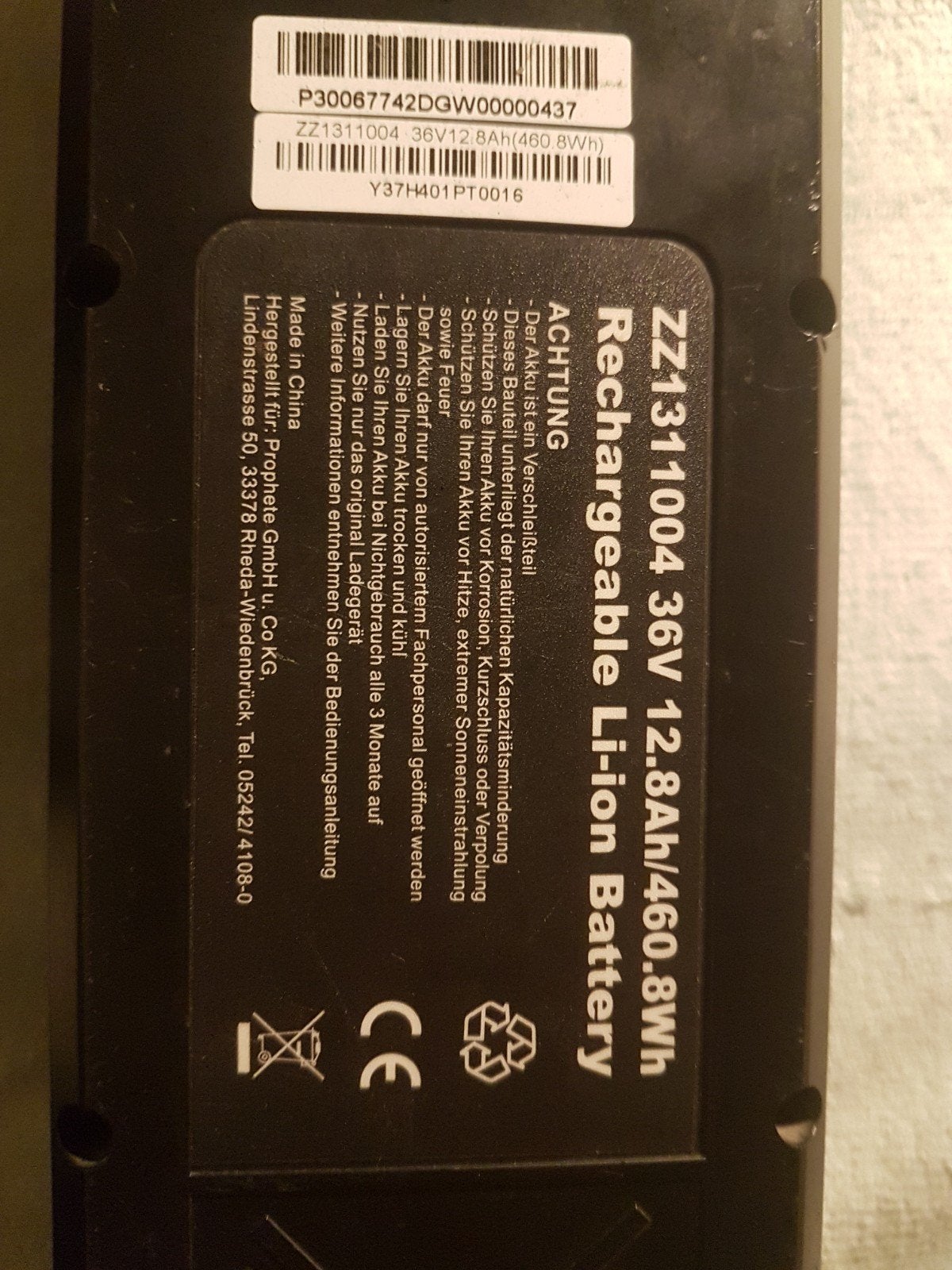 Rechargeable Li-ion Batterij 36V 12.8Ah 460.8Wh, Ophalen, Gebruikt