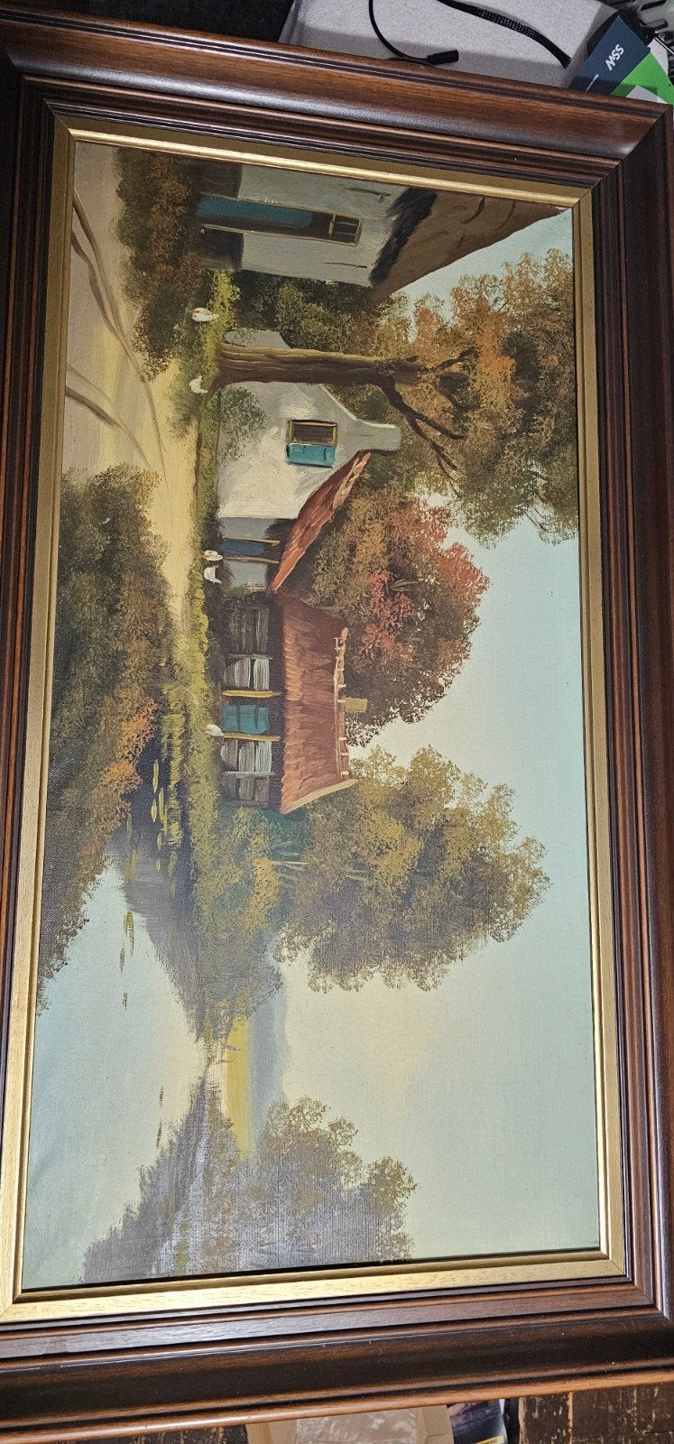 Schilderij: Landelijk tafereel met huisje aan water, Ophalen of Verzenden