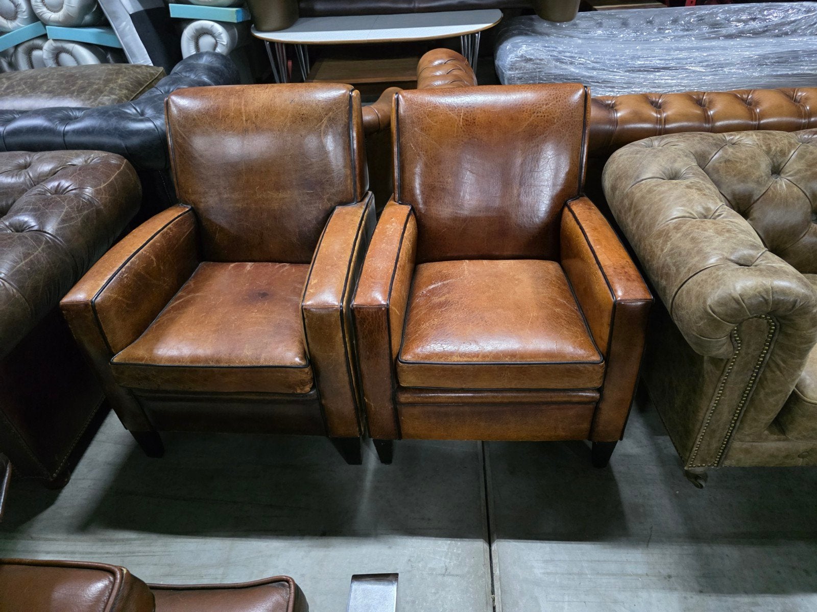 Set van 2 Vintage Leren Fauteuils - Bruin + BEZORGING GRATIS, Gebruikt, Twee, Bruin, Art deco
