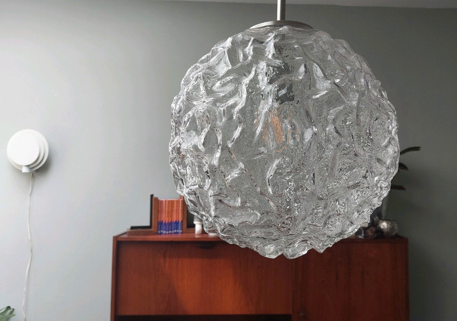 Glazen vintage hillebrand hanglamp ice structuur jaren70 igs, Ophalen, Glas