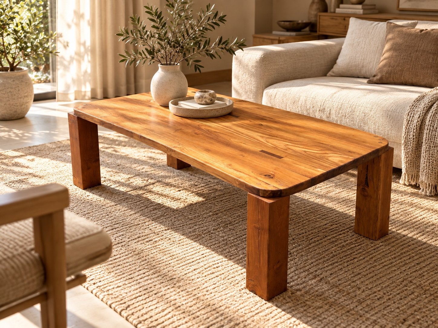 Atlas Coffee – handgemaakte salontafel van massief teak, Ophalen, 100 tot 150 cm, Japandi wabi sabi minimalistisch, Teakhout