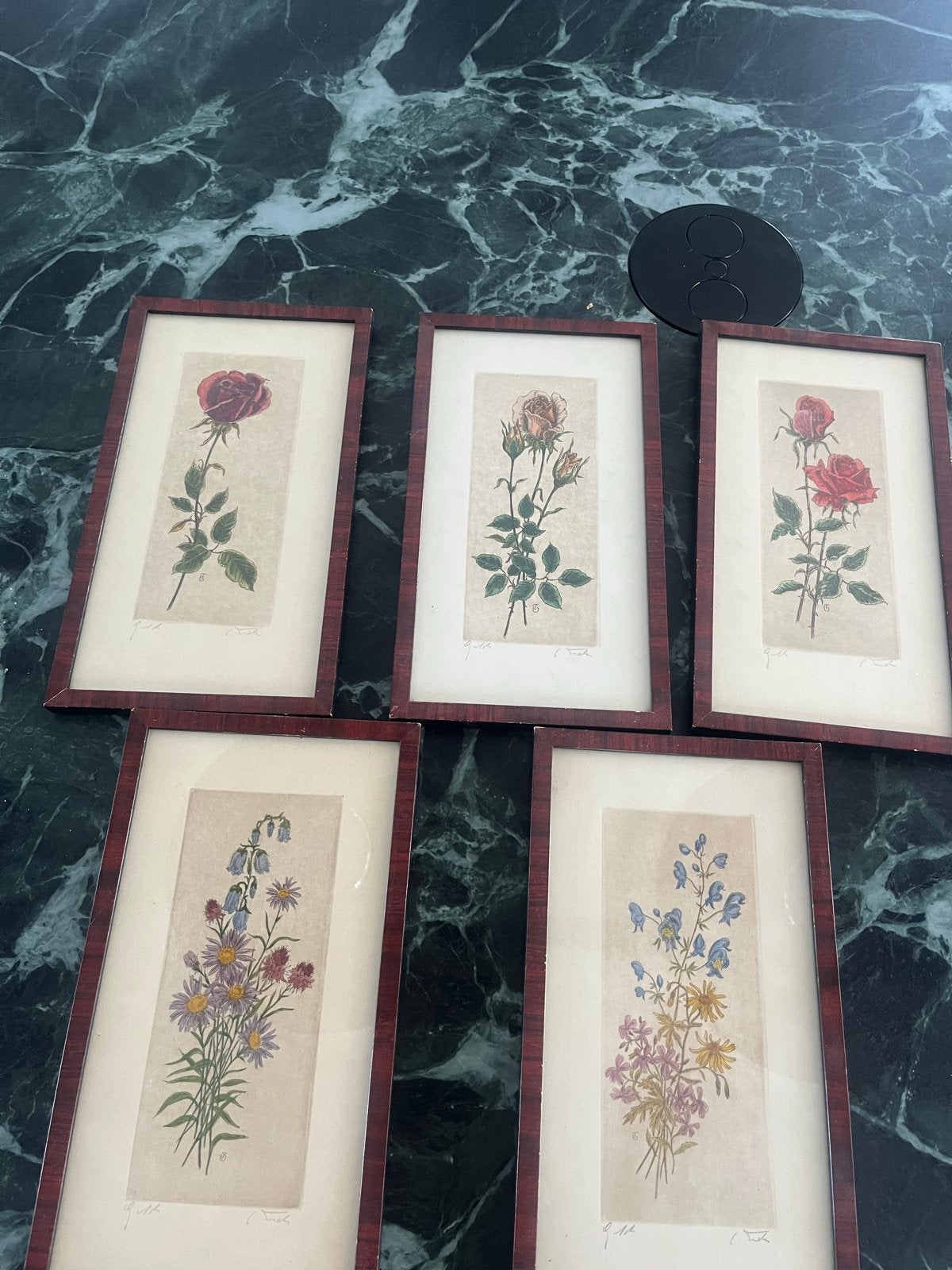 Set van 5 ingelijste botanische aquarellen, gesigneerd, Antiek en Kunst, Kunst | Schilderijen | Klassiek, Bloemen, Ophalen of Verzenden