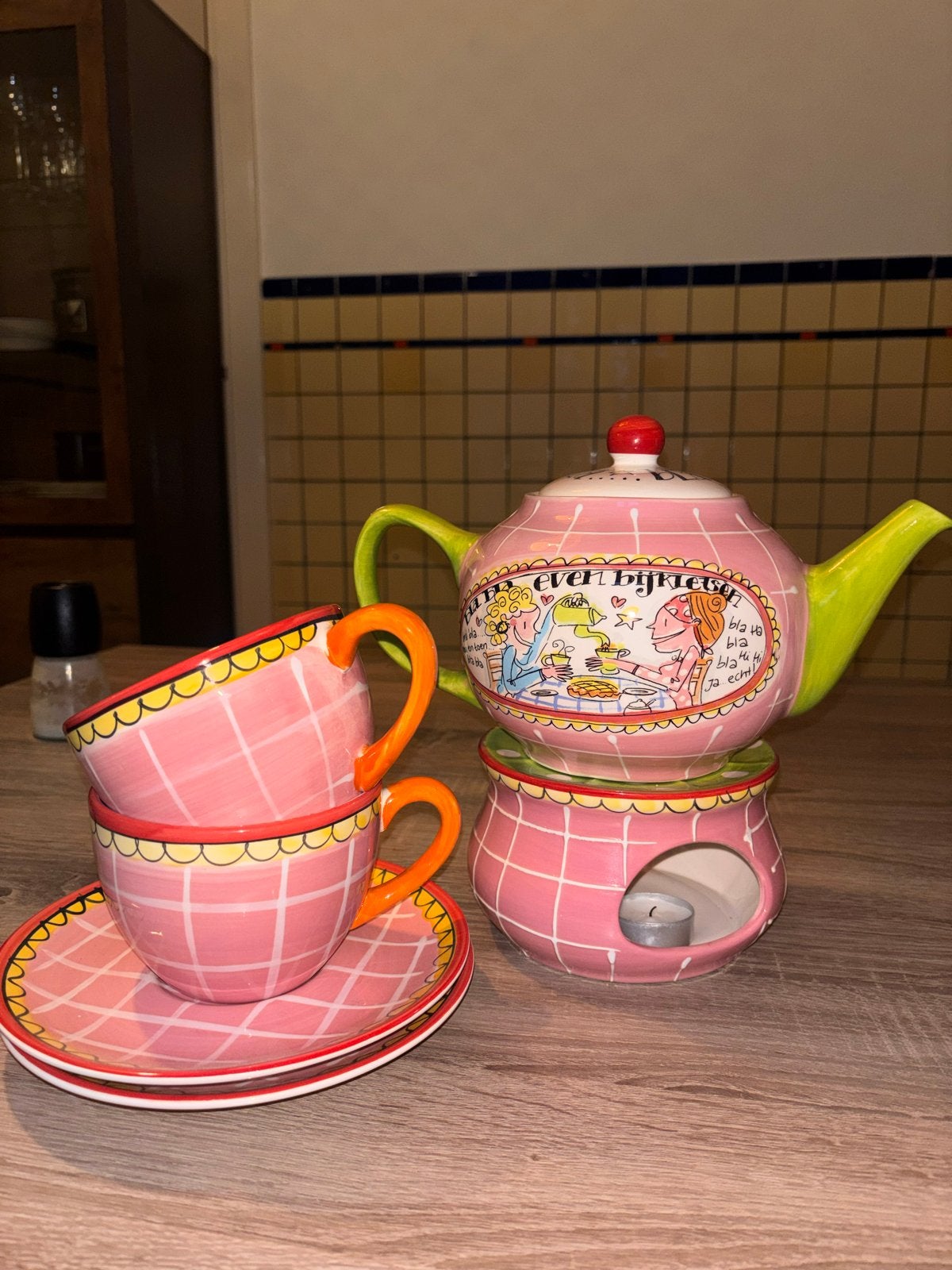Blond Amsterdam theepot set met theelichthouder en kopjes, Huis en Inrichting, Ophalen, Keramiek, Zo goed als nieuw, Theepot