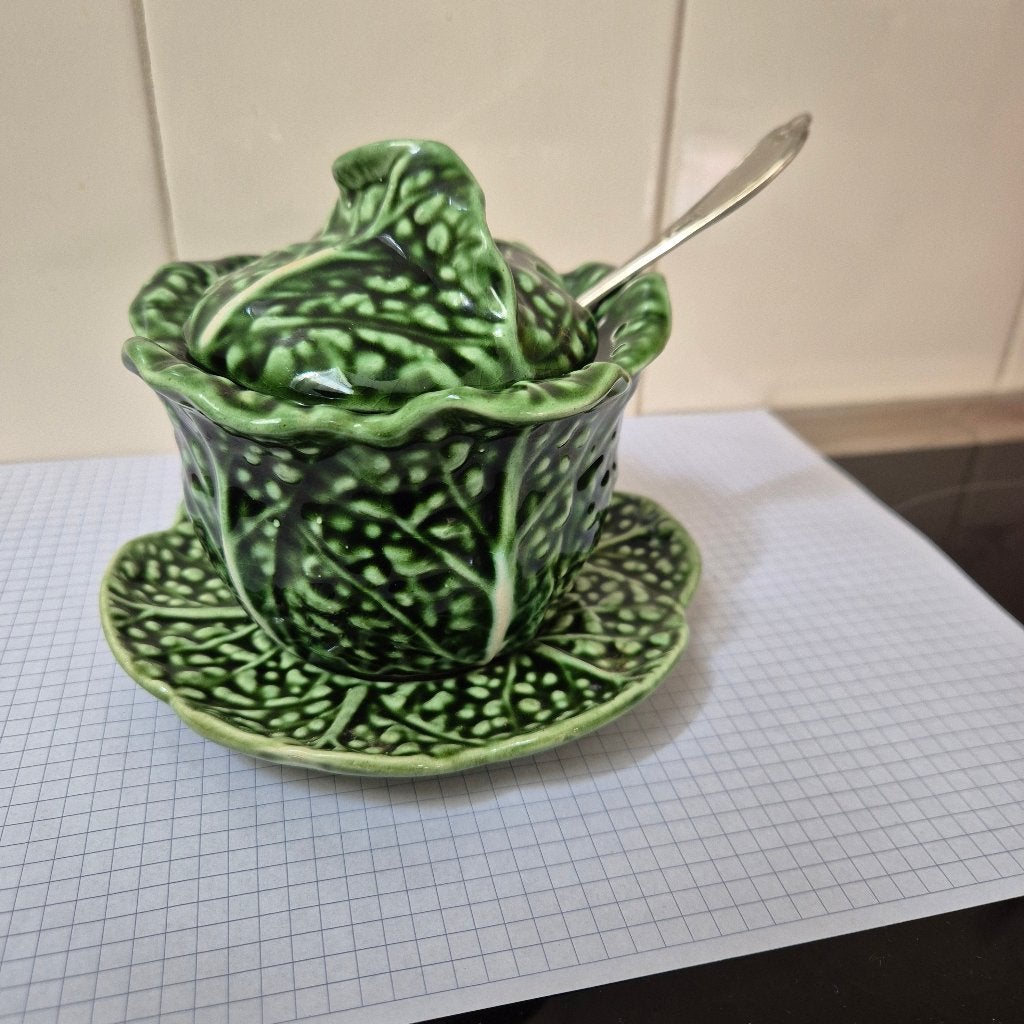 Vintage jampot/ honingpot vorm Koolblad met schotel Bordallo, Ophalen of Verzenden, Zo goed als nieuw, Overige stijlen, Overige typen