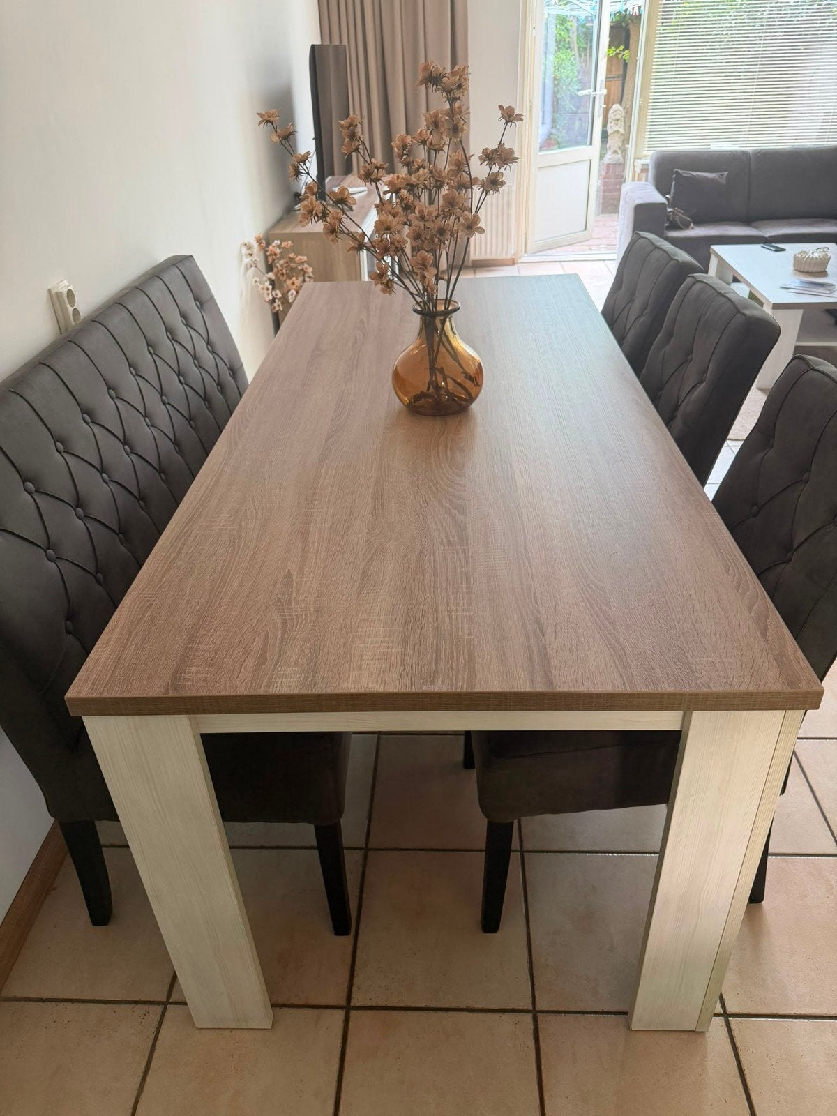 Eettafel met stoelen en zitbank in uitstekende staat, Ophalen, 50 tot 100 cm, Vijf personen of meer, 150 tot 200 cm