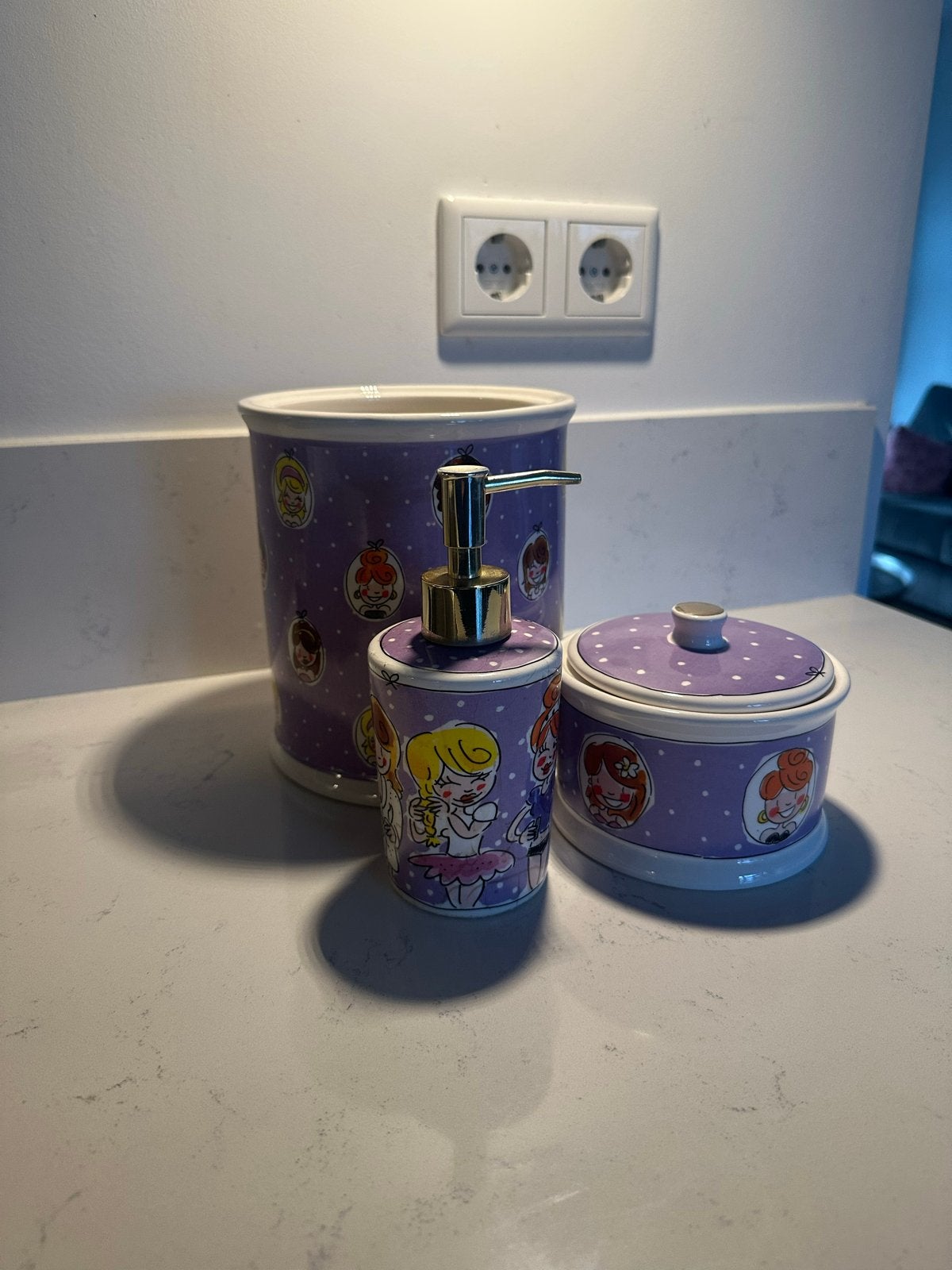 Blond Amsterdam badkamerset: grote pot, kleine pot, zeeppomp, Ophalen, Gebruikt, Overige merken, Paars