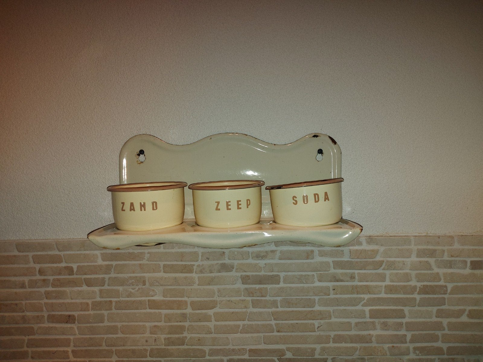 Vintage emaille Zand, Zeep, Soda set met rekje, Ophalen of Verzenden