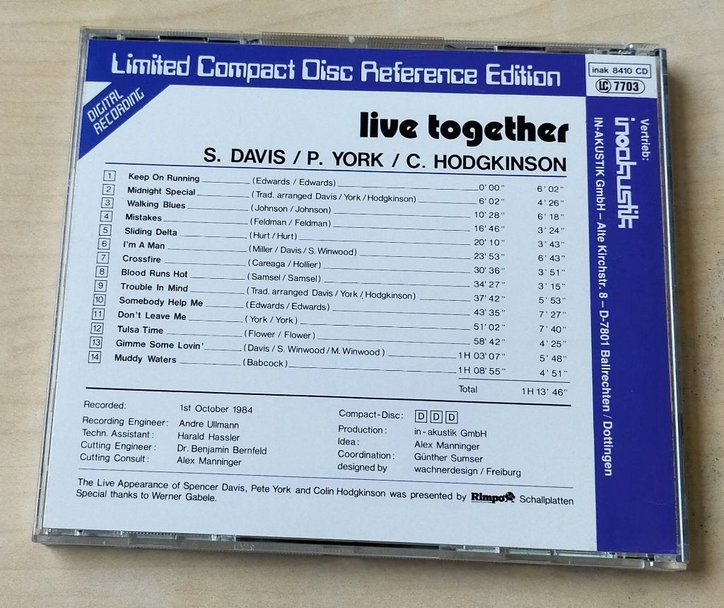 Spencer Davis - Live Together CD 1985 Inak, Cd's en Dvd's, Ophalen of Verzenden, Zo goed als nieuw, Jazz