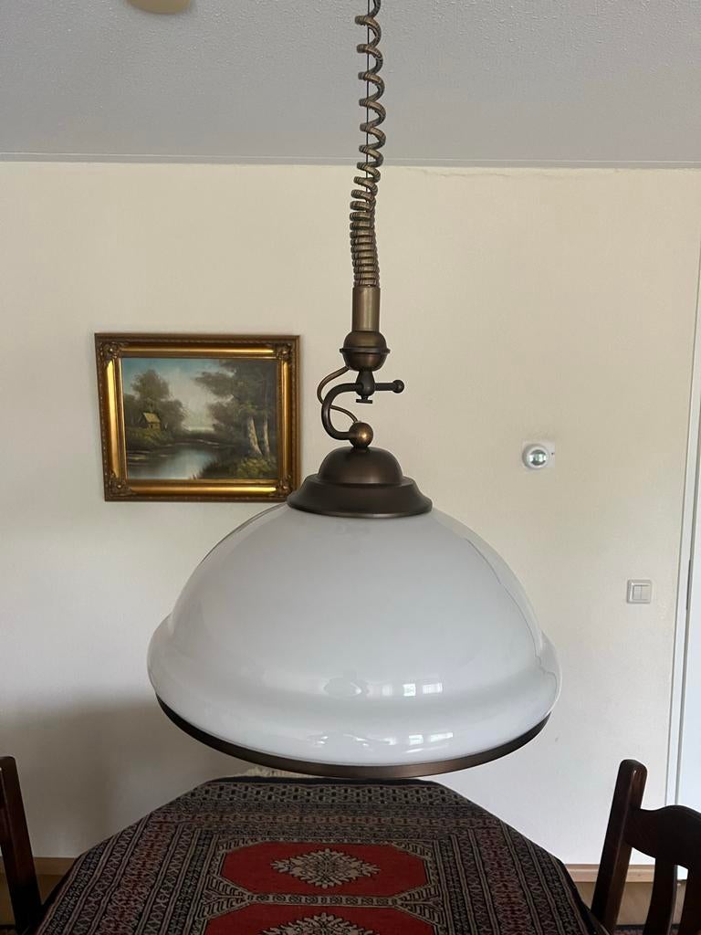 In hoogte verstelbare hanglamp met glazen kap, Ophalen, Gebruikt, Glas, 75 cm of meer