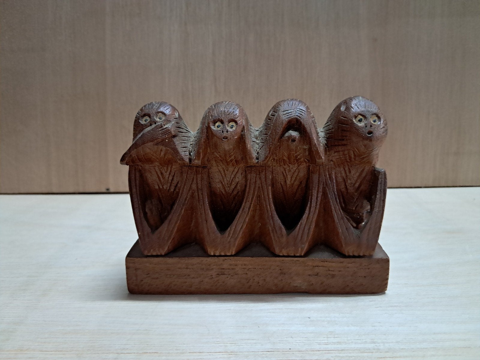 Vintage Houtsnijwerk: De 4 Wijze Apen, Houtsnijwerk, Minder dan 20 cm, Ophalen of Verzenden, Hout