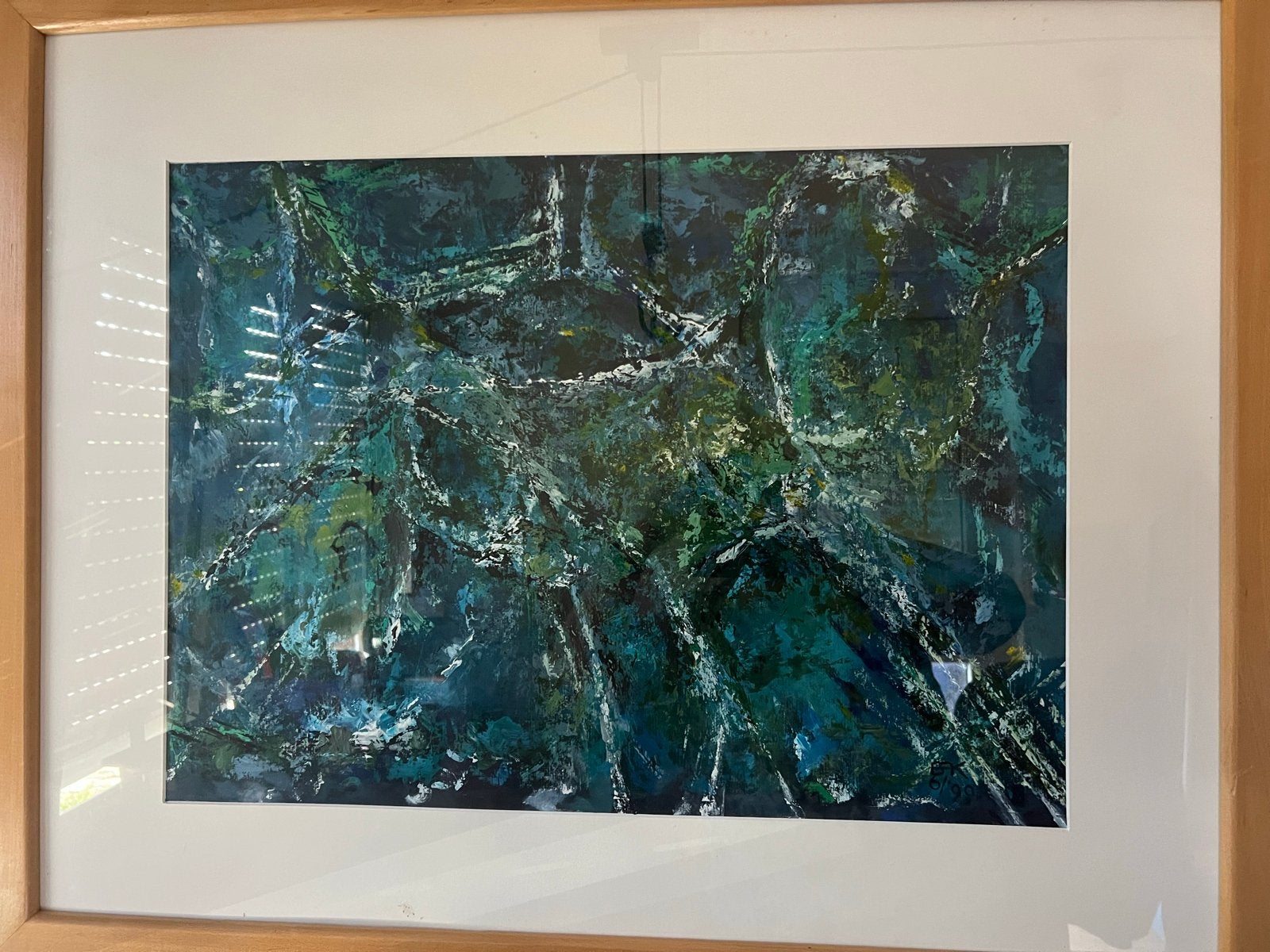 Abstract Schilderij - Groen/Blauw - Gesigneerd en Gedateerd, Antiek en Kunst, Ophalen